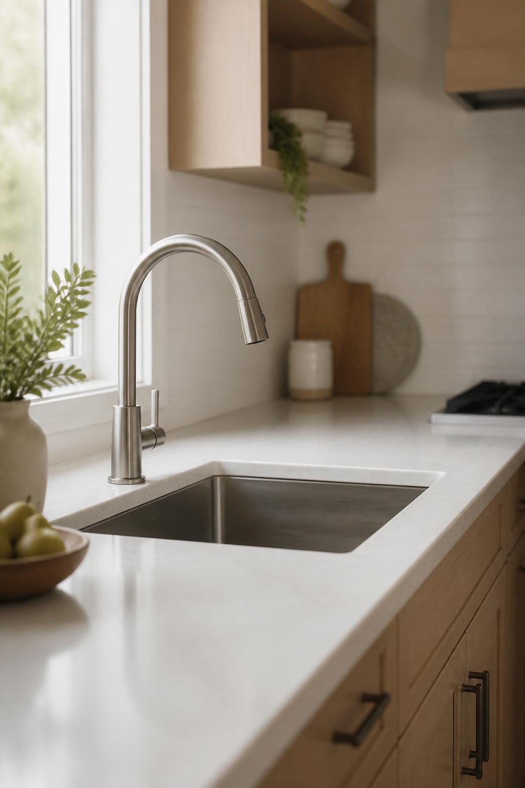 Modern kitchen sink and faucet in a bright, clean interior.