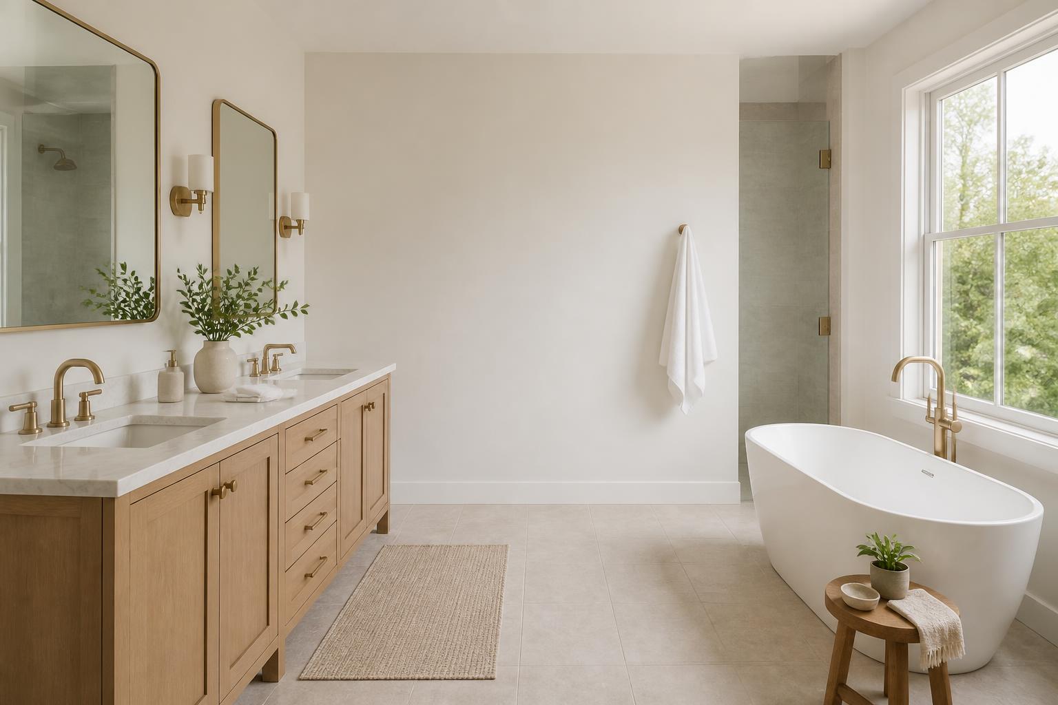 Bright bathroom with open space and polished fixtures.