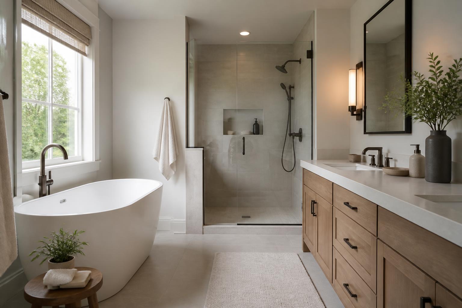 Modern bathroom with polished fixtures and soft natural light.
